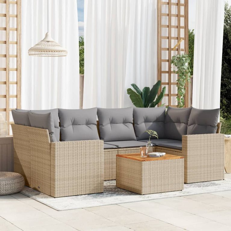 7-delige Loungeset met kussens poly rattan gemengd beige
