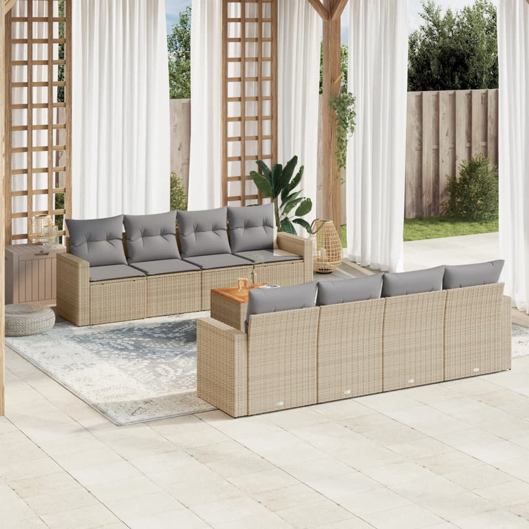 9-delige Loungeset met kussens poly rattan gemengd beige