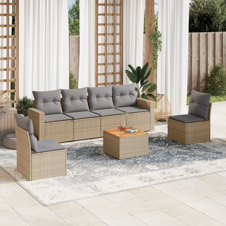 7-delige Loungeset met kussens poly rattan gemengd beige