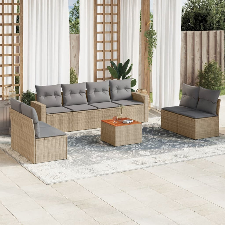 9-delige Loungeset met kussens poly rattan gemengd beige