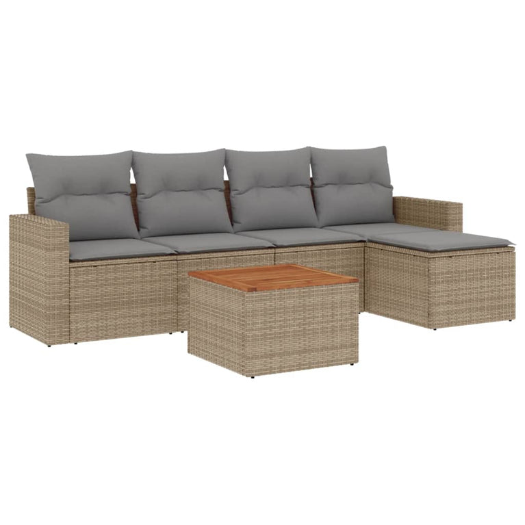 6-delige Loungeset met kussens poly rattan gemengd beige