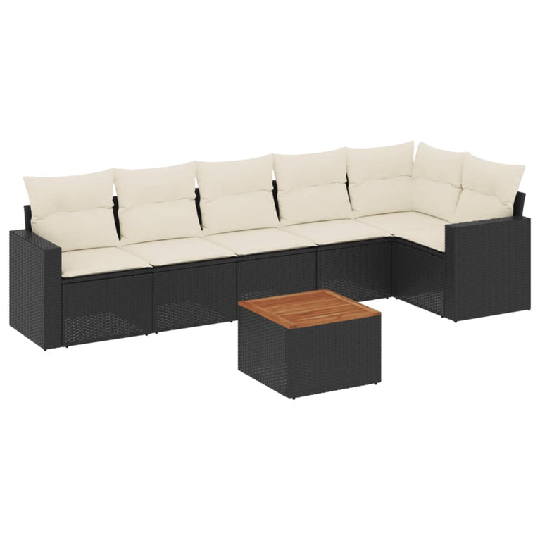 7-delige Loungeset met kussens poly rattan zwart