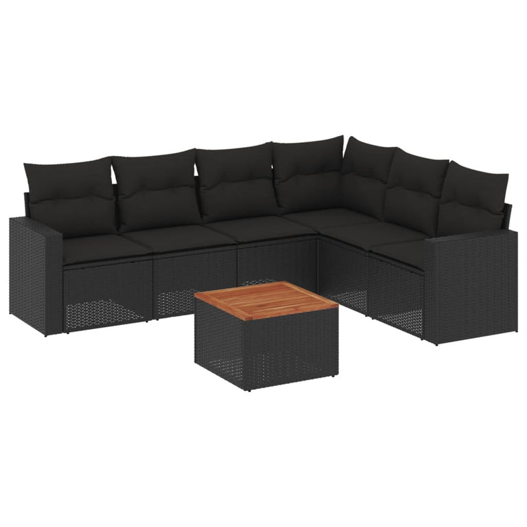 7-delige Loungeset met kussens poly rattan zwart