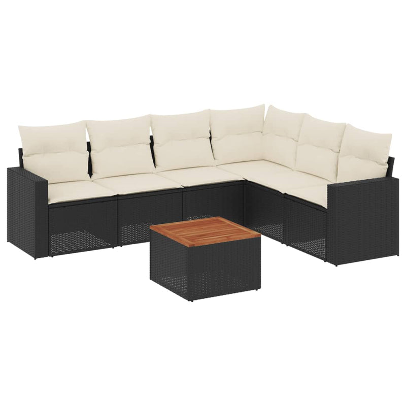7-delige Loungeset met kussens poly rattan zwart