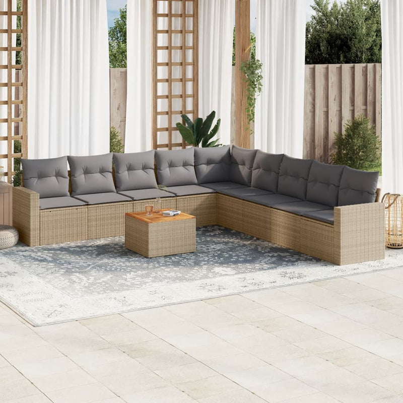 10-delige Loungeset met kussens poly rattan gemengd beige