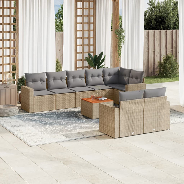 9-delige Loungeset met kussens poly rattan gemengd beige