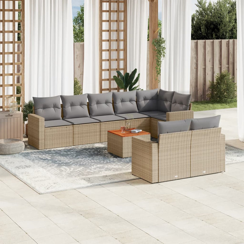 9-delige Loungeset met kussens poly rattan gemengd beige