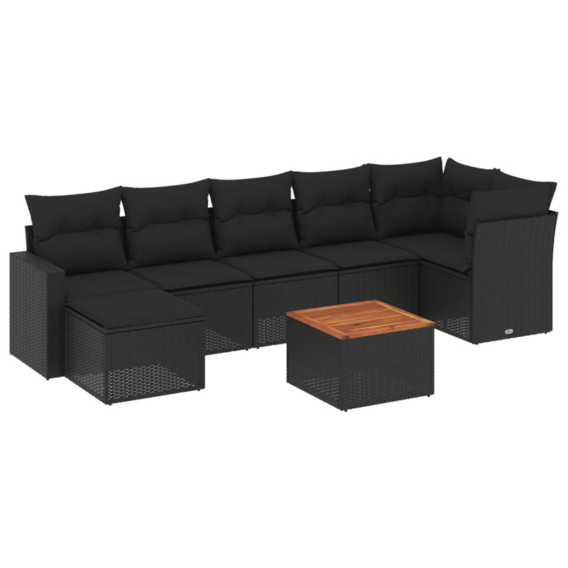 8-delige Loungeset met kussens poly rattan zwart
