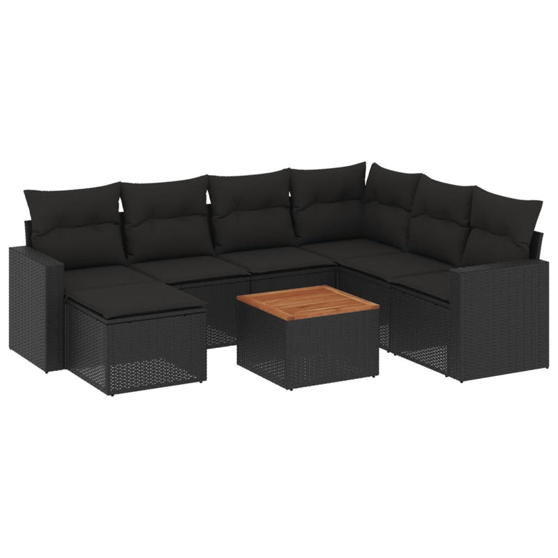 8-delige Loungeset met kussens poly rattan zwart