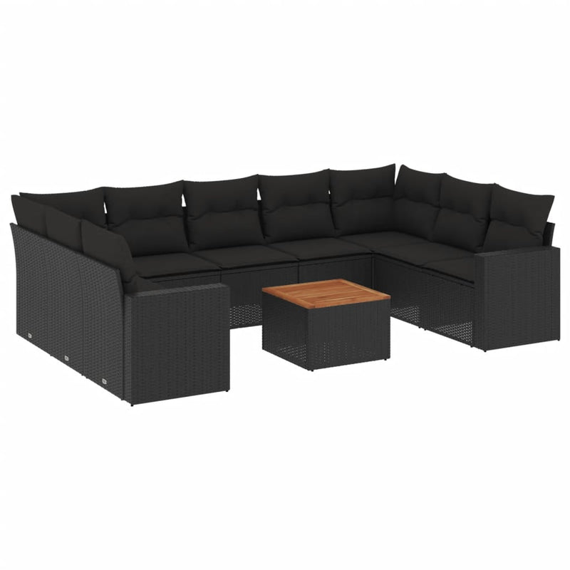 10-delige Loungeset met kussens poly rattan zwart