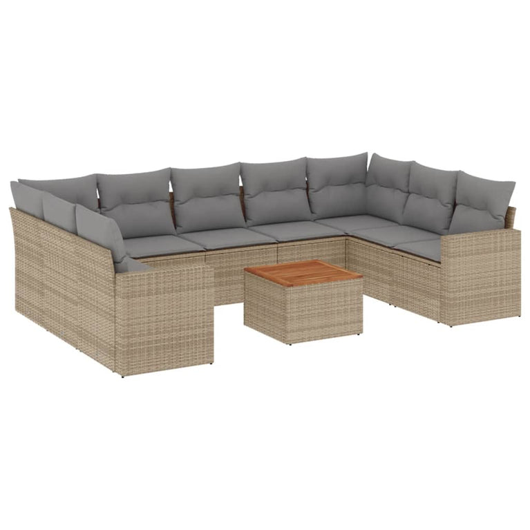 10-delige Loungeset met kussens poly rattan gemengd beige