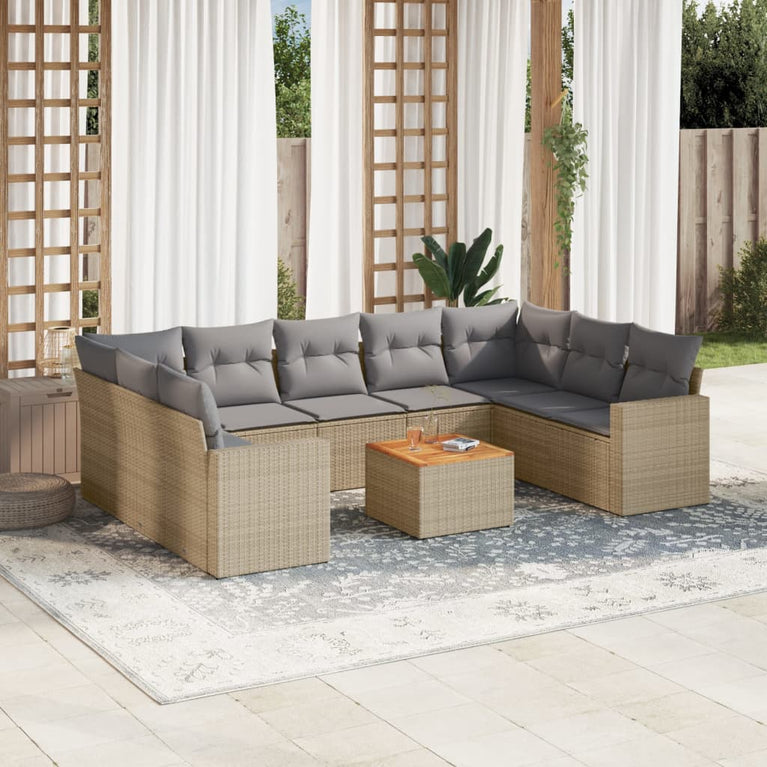 10-delige Loungeset met kussens poly rattan gemengd beige