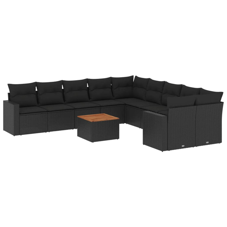 11-delige Loungeset met kussens poly rattan zwart