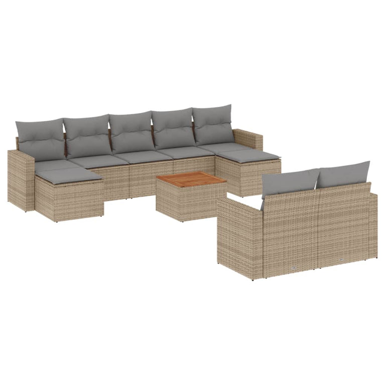 10-delige Loungeset met kussens poly rattan gemengd beige