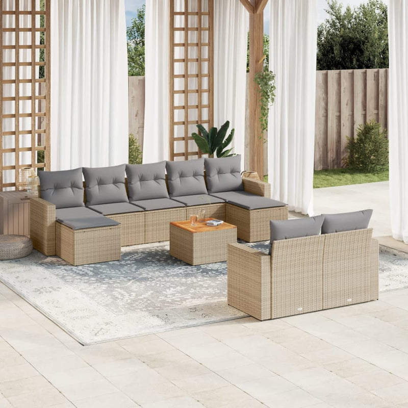 10-delige Loungeset met kussens poly rattan gemengd beige