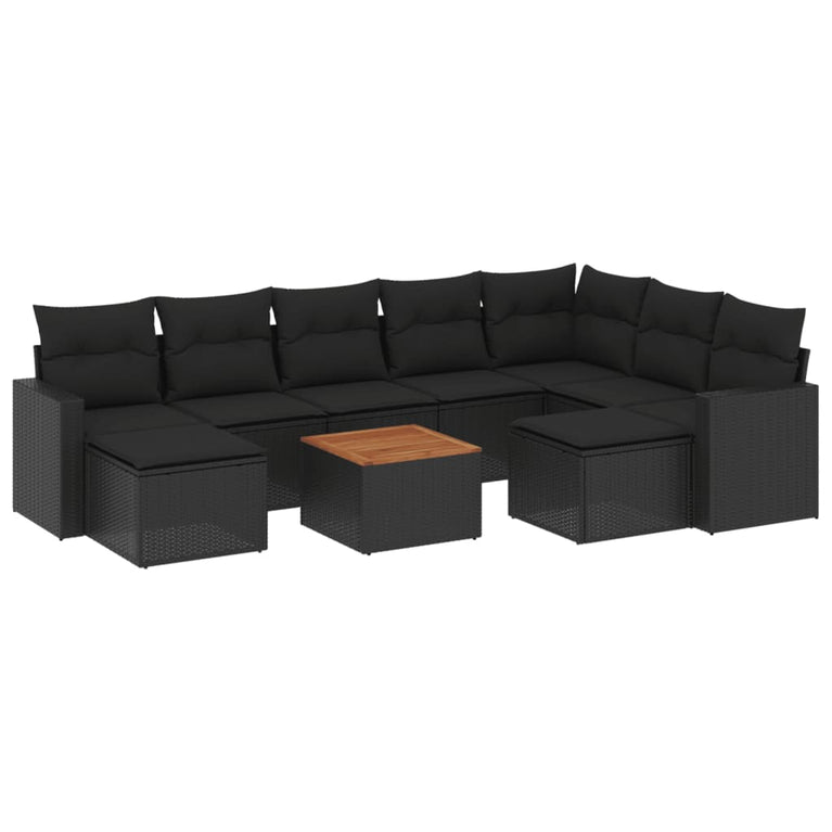 10-delige Loungeset met kussens poly rattan zwart