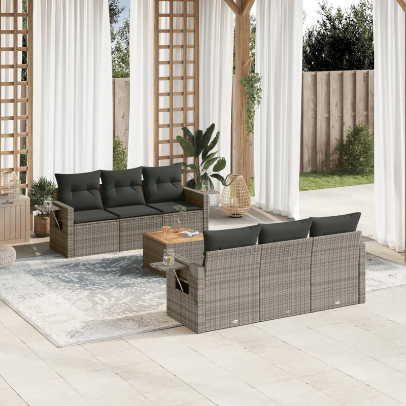 7-delige Loungeset met kussens poly rattan grijs