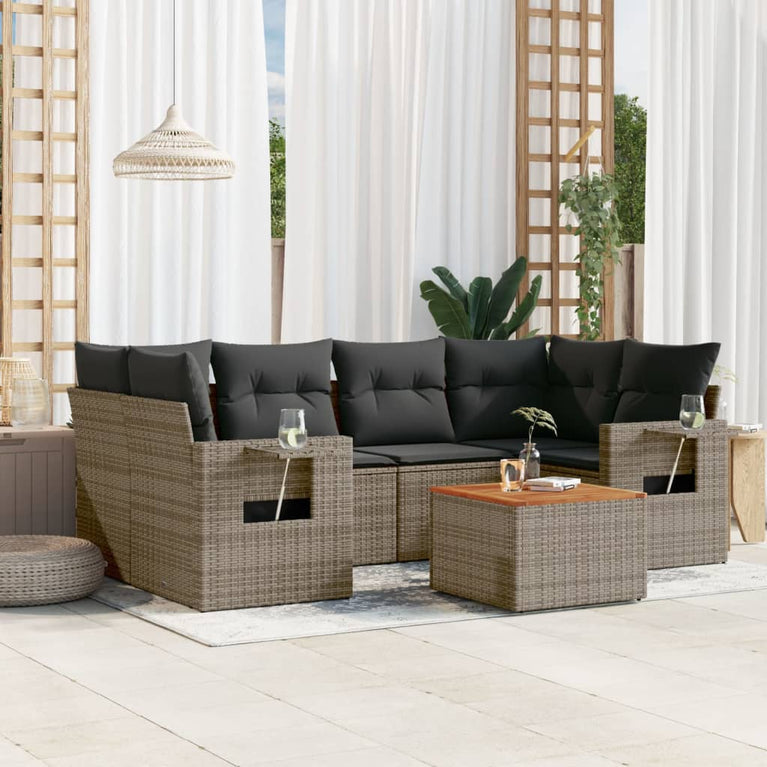 7-delige Loungeset met kussens poly rattan grijs