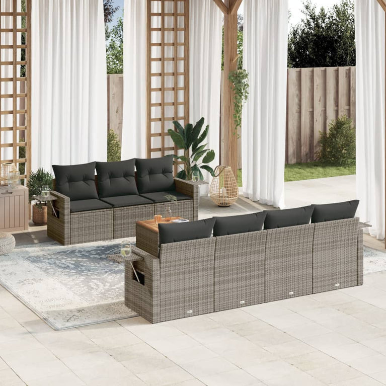 8-delige Loungeset met kussens poly rattan grijs