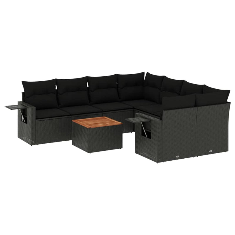 9-delige Loungeset met kussens poly rattan zwart