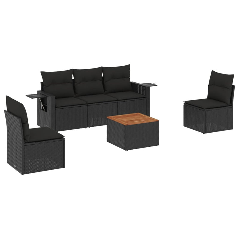 6-delige Loungeset met kussens poly rattan zwart