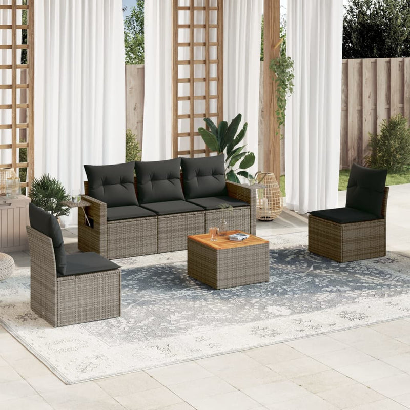 6-delige Loungeset met kussens poly rattan grijs