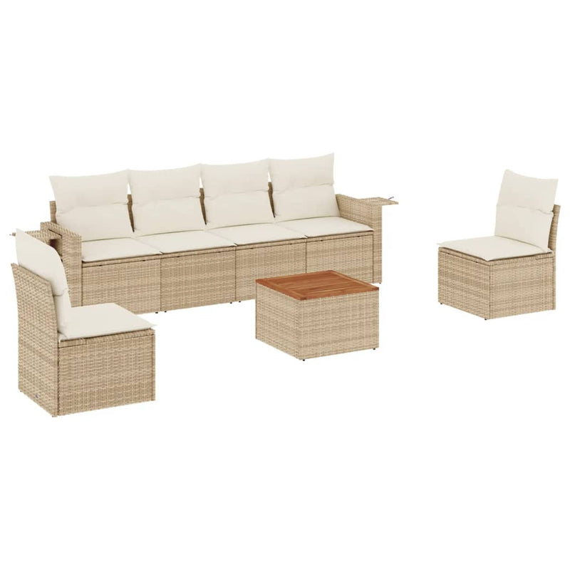 7-delige Loungeset met kussens poly rattan beige