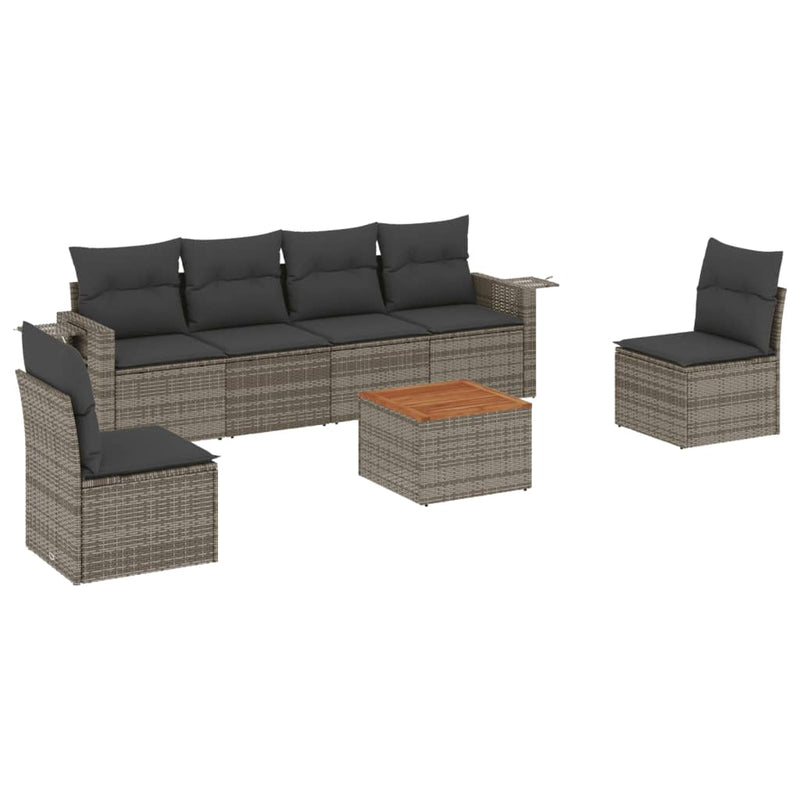 7-delige Loungeset met kussens poly rattan grijs