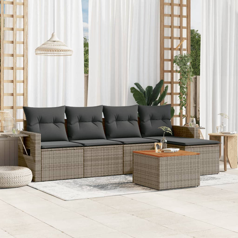 6-delige Loungeset met kussens poly rattan grijs