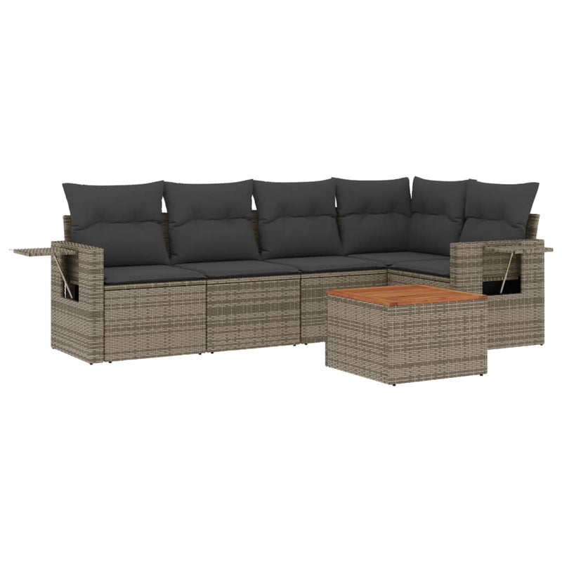 6-delige Loungeset met kussens poly rattan grijs