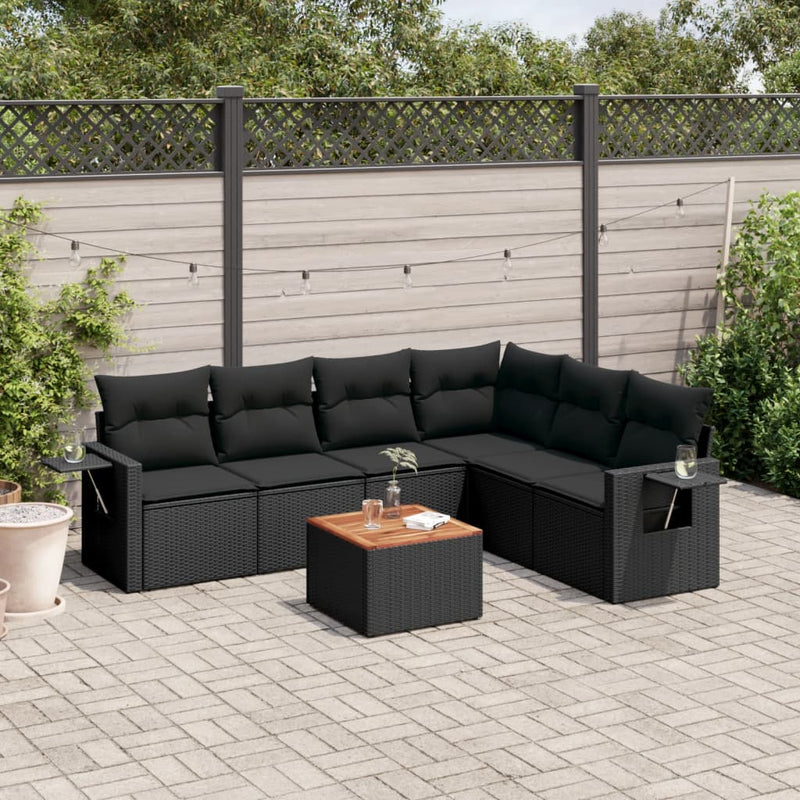 7-delige Loungeset met kussens poly rattan zwart