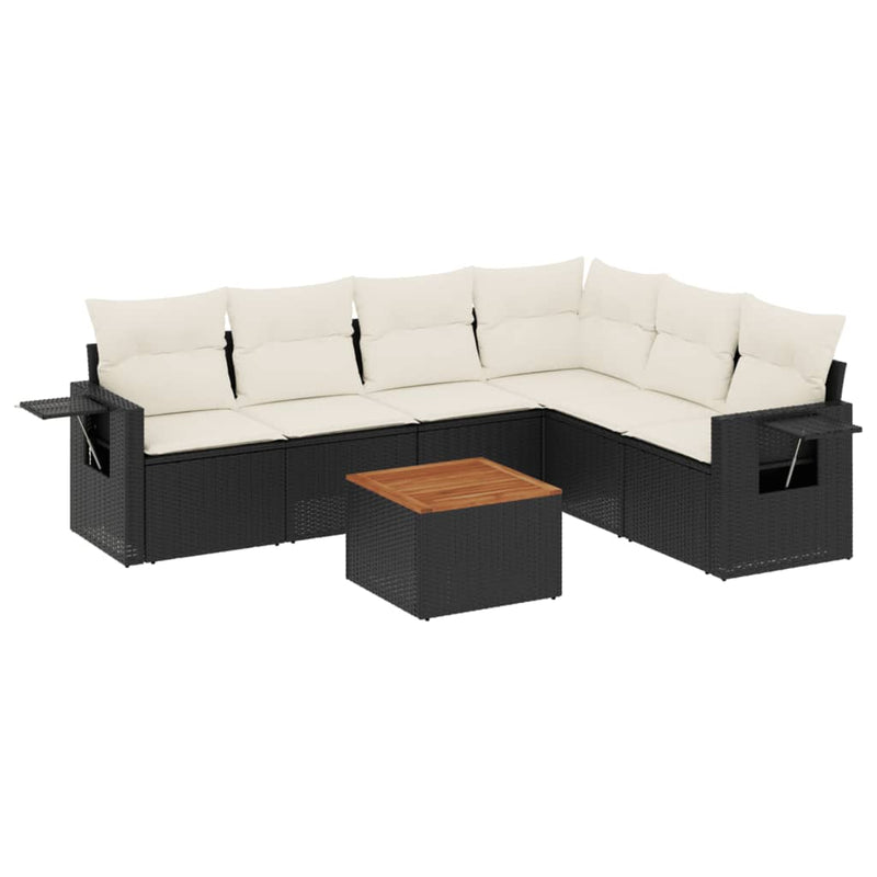 7-delige Loungeset met kussens poly rattan zwart