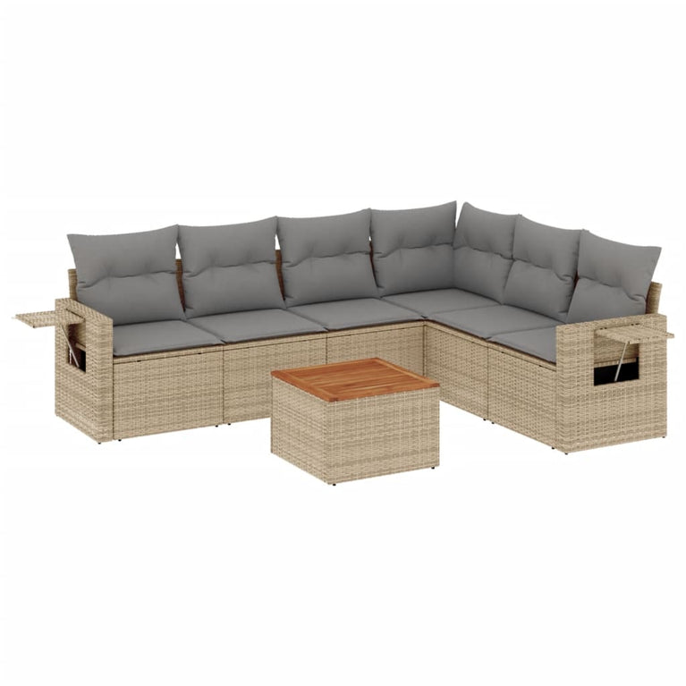 7-delige Loungeset met kussens poly rattan gemengd beige