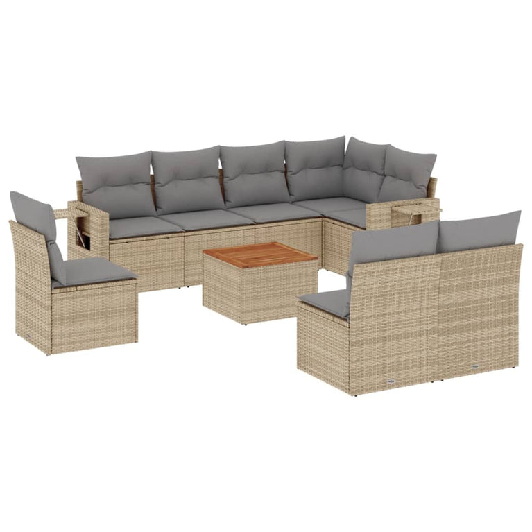 9-delige Loungeset met kussens poly rattan gemengd beige