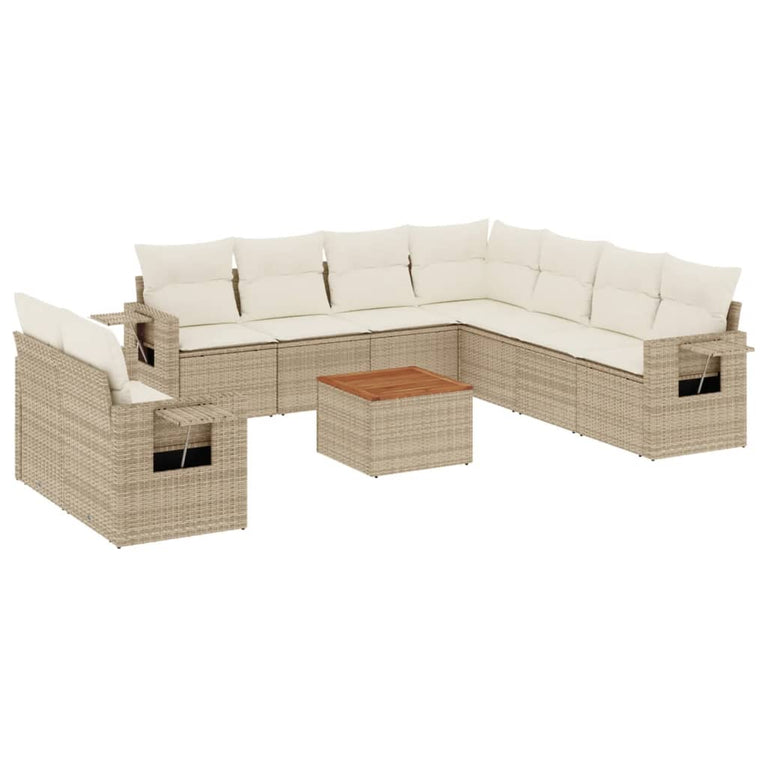 10-delige Loungeset met kussens poly rattan beige