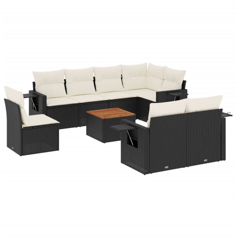 9-delige Loungeset met kussens poly rattan zwart