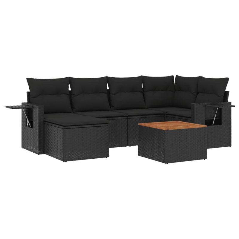 7-delige Loungeset met kussens poly rattan zwart