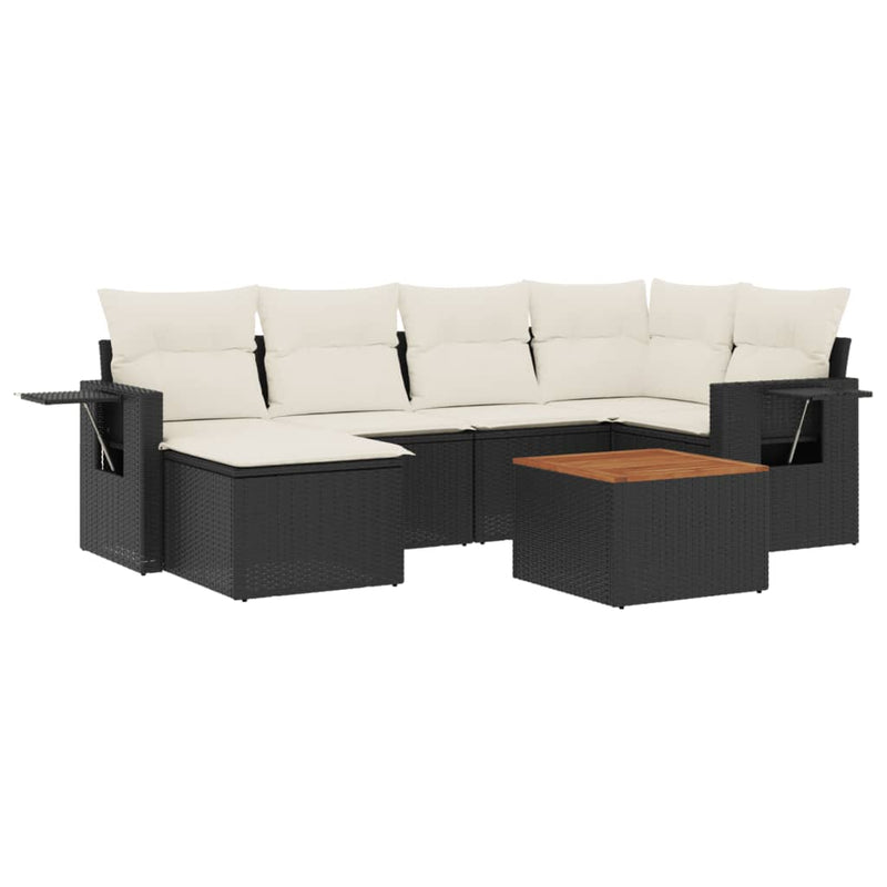 7-delige Loungeset met kussens poly rattan zwart
