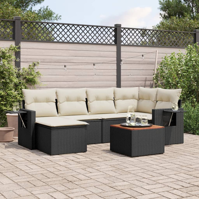 7-delige Loungeset met kussens poly rattan zwart