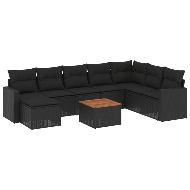 9-delige Loungeset met kussens poly rattan zwart