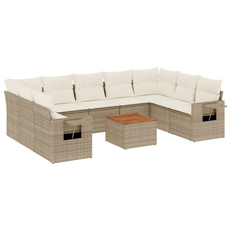 10-delige Loungeset met kussens poly rattan beige