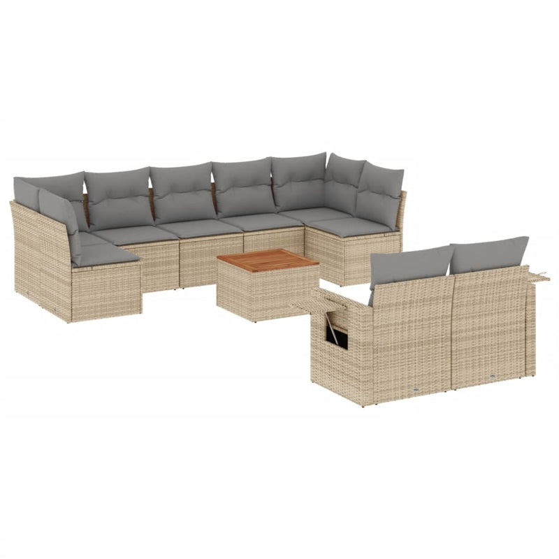 10-delige Loungeset met kussens poly rattan gemengd beige