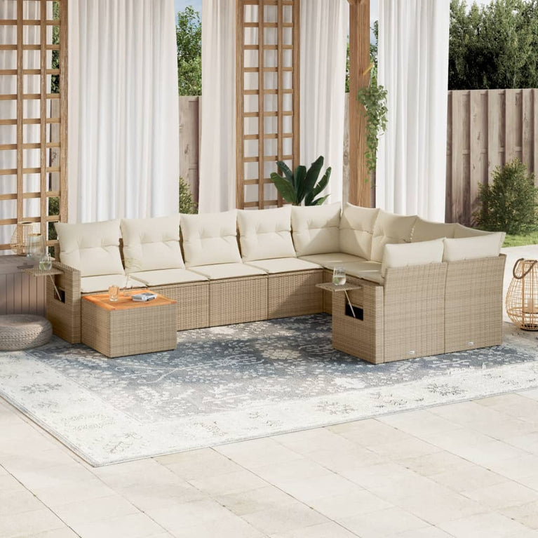 10-delige Loungeset met kussens poly rattan beige