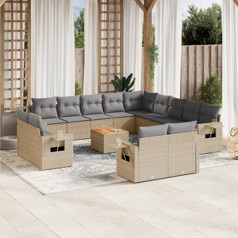 14-delige Loungeset met kussens poly rattan gemengd beige