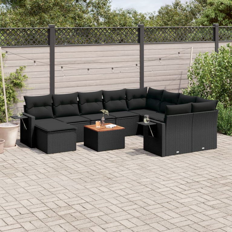11-delige Loungeset met kussens poly rattan zwart