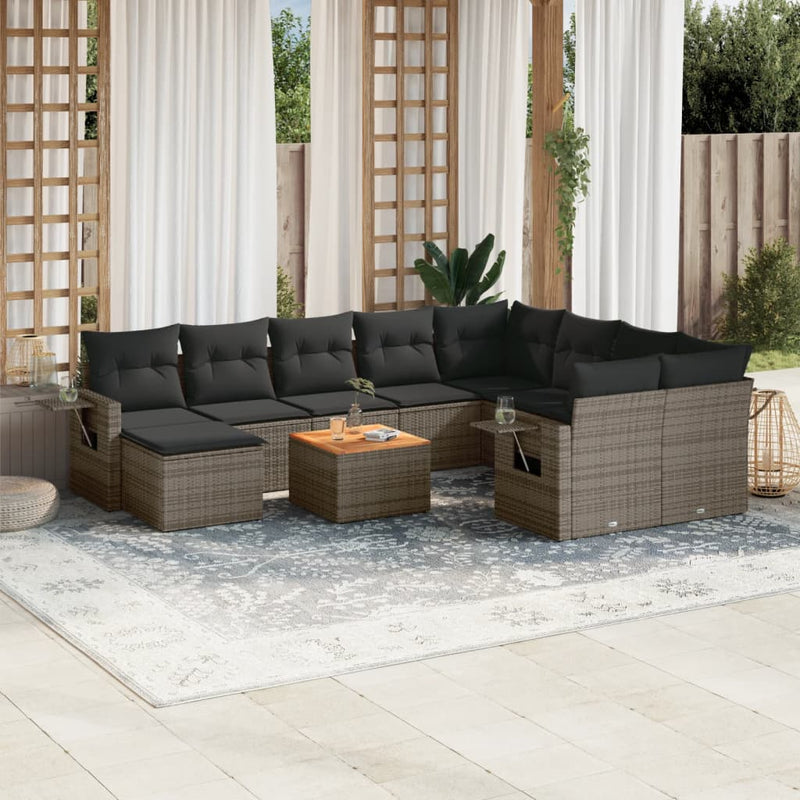 11-delige Loungeset met kussens poly rattan grijs