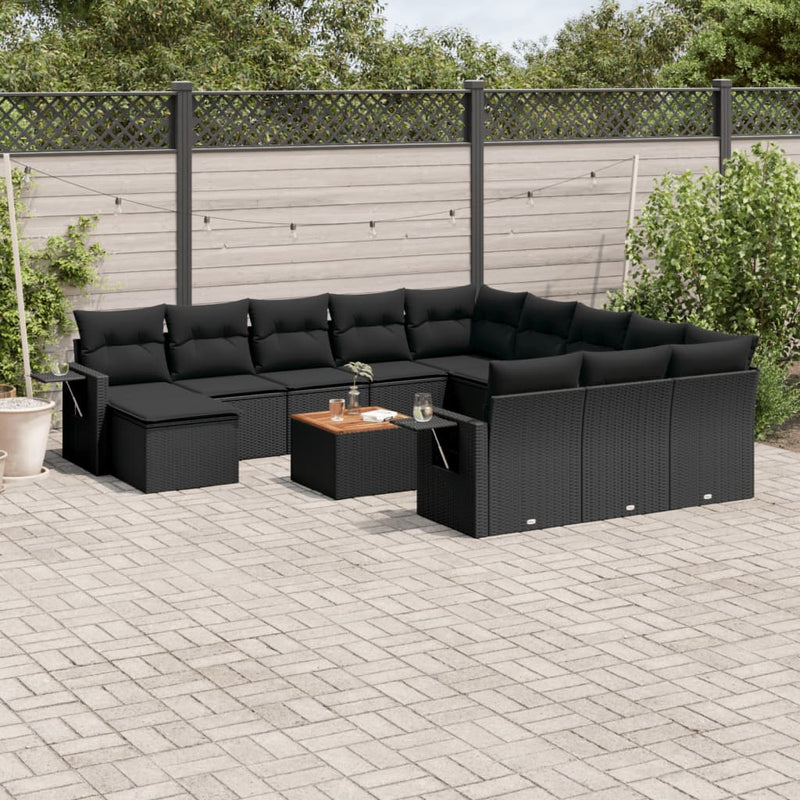 13-delige Loungeset met kussens poly rattan zwart