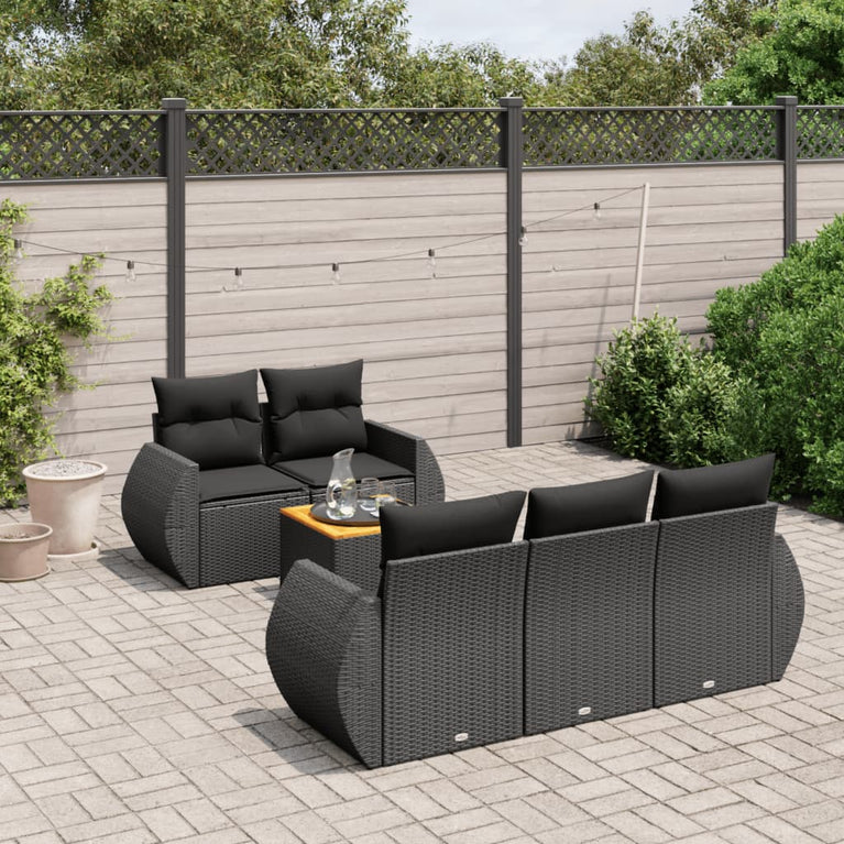 6-delige Loungeset met kussens poly rattan zwart