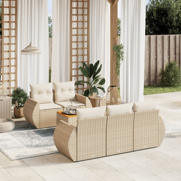 6-delige Loungeset met kussens poly rattan beige