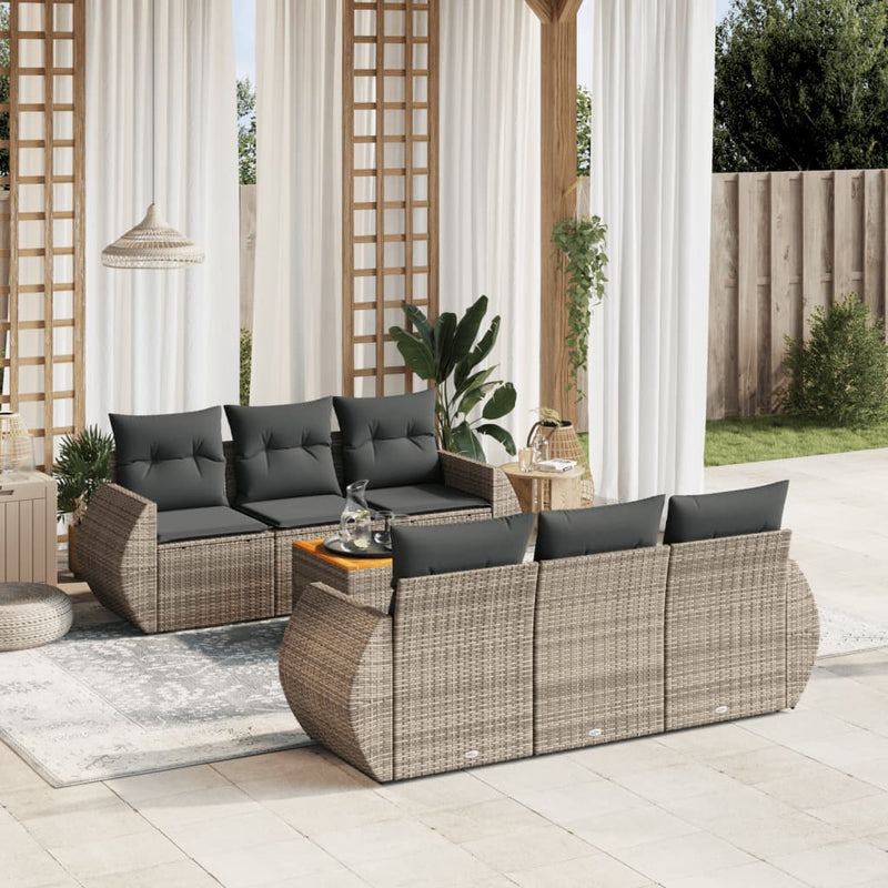 7-delige Loungeset met kussens poly rattan grijs